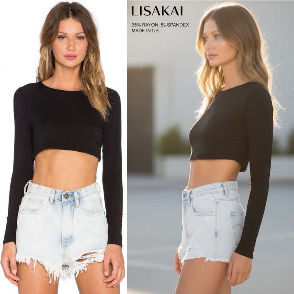 NWT NEW WITH TAGS LISAKAI ESSENTIAL BLACK LONG SLEEVE LAYERING CROP TOP MIDRIFF